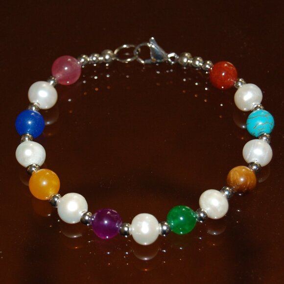 Pearl Bracelet,Gemstone Bracelet,Freshwater Pearls and Gemstone 8mm Beads,Pretty - Picture 2 of 2